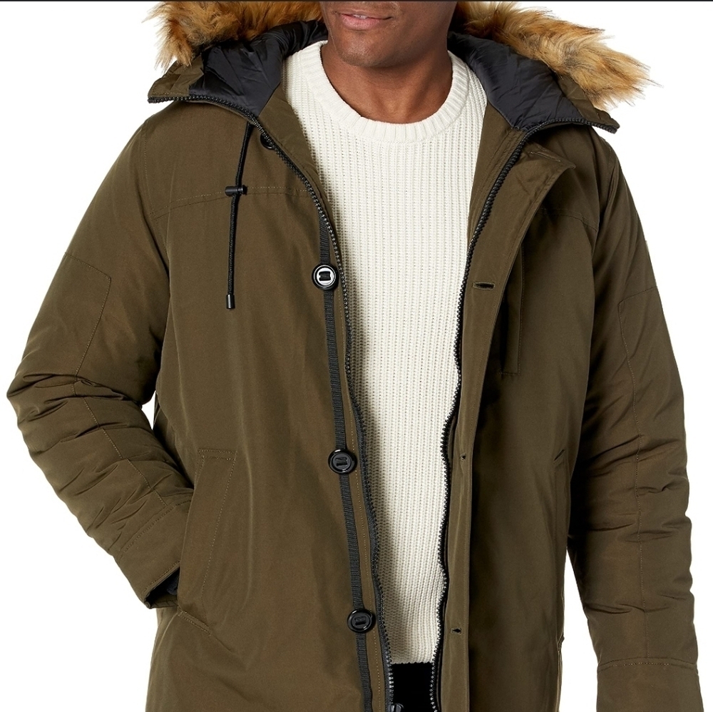 GUESS Men's Brown Puffer Coat XL Faux Fur Hood Winter Jacket